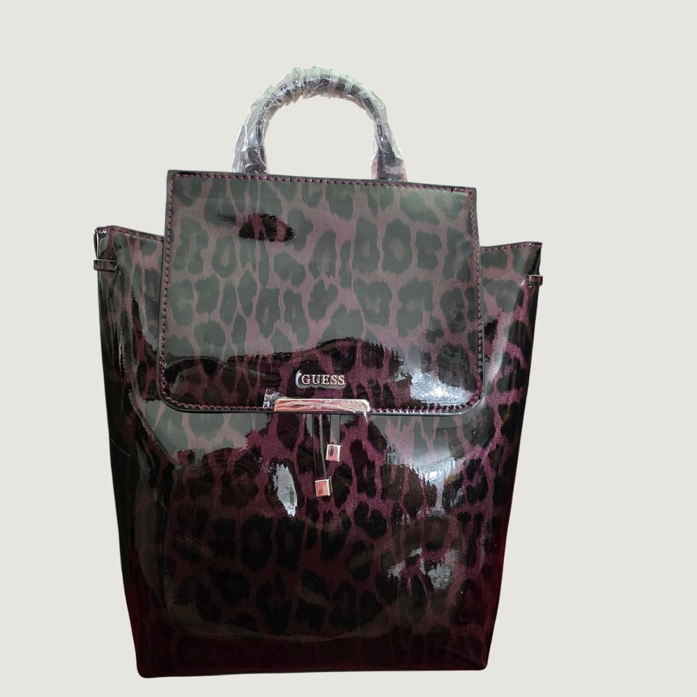 Guess Varsity Pop Leopard Print Patent Backpack Purple Black BL696736 NWT